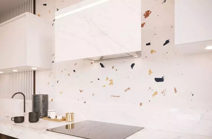 Nortberg Flexi chimney hood with quartz sinter Laminam Naturali Statuarietto