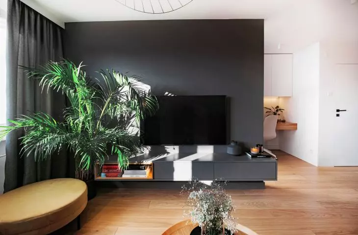 Mieszkanie na Mokotowie, salon ze ścianą RTV