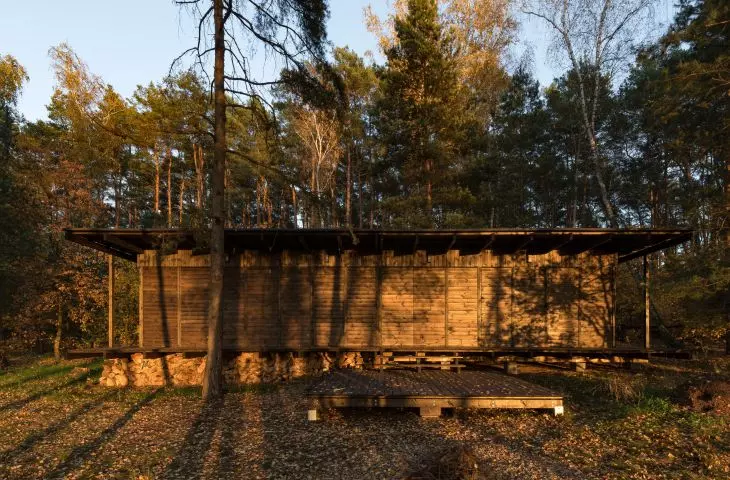 Forest gazebo with closed shutters