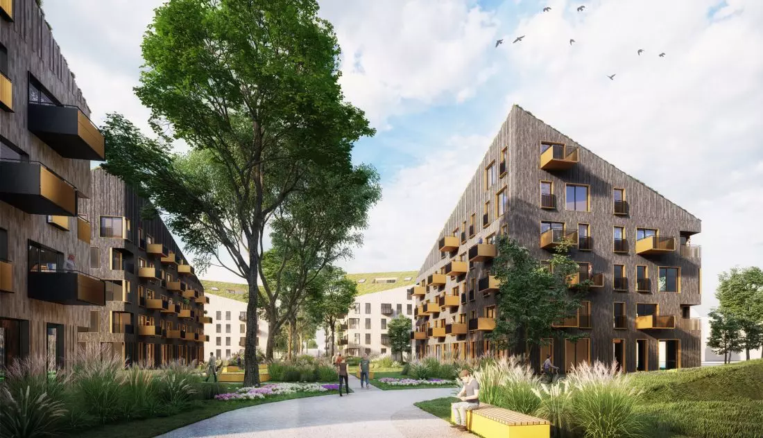 Wizualizacja osiedla przy
ulicy Sosnowieckiej — widok na oś urbanistyczną