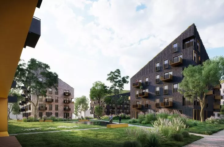Visualization of the estate on Sosnowiecka Street - the project tried to preserve the existing trees in the area