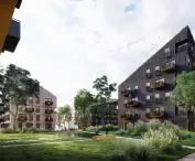 Visualization of the estate on Sosnowiecka Street - the project tried to preserve the existing trees in the area