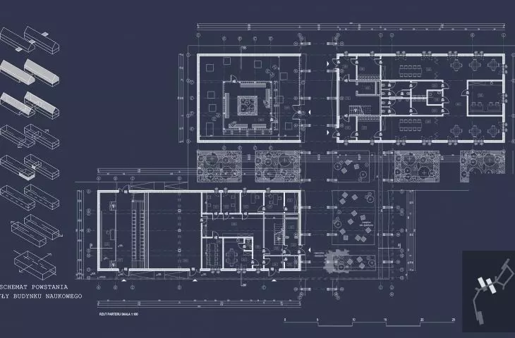 Projekt obserwatorium w Ostoi Ciemnego Nieba, budynek naukowy, rzut parteru