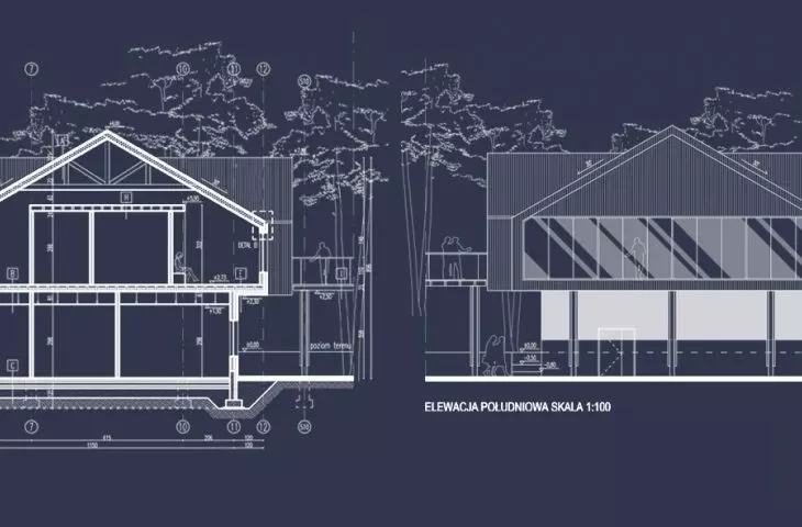 Projekt obserwatorium w Ostoi Ciemnego Nieba, budynek naukowy, przekrój B-B i elewacja południowa