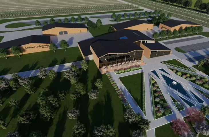 Projekt kompleksu produkcji cydru w Belsku Dużym, widok z lotu ptaka