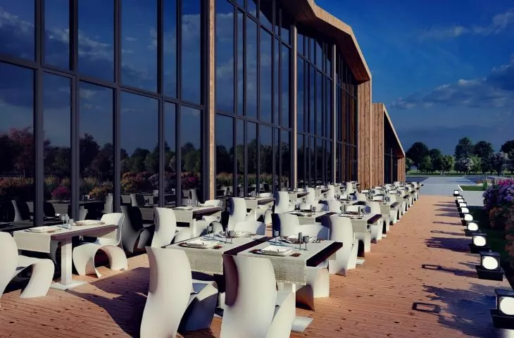 Design of cider production complex in Belsk Duży, restaurant terrace