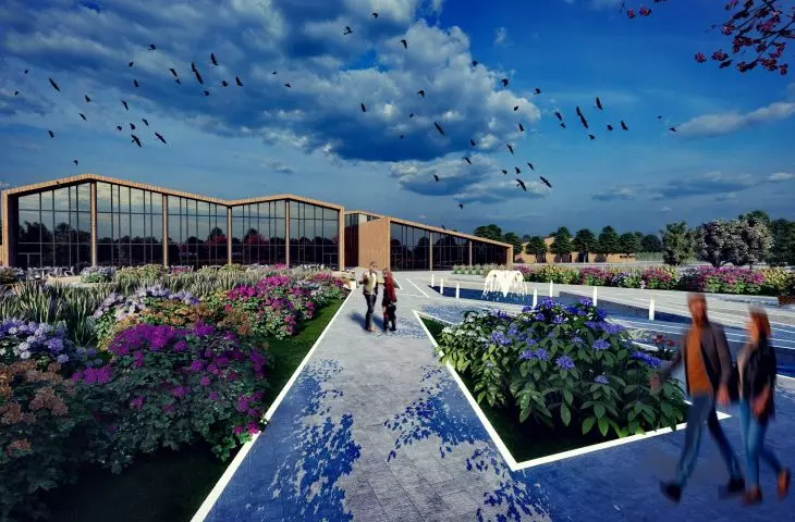 Projekt kompleksu produkcji cydru w Belsku Dużym, obiekt otaczają ogrody