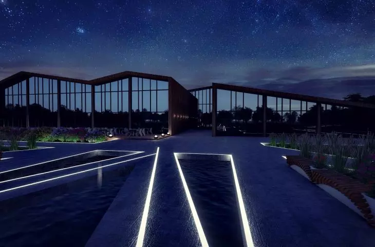 Projekt kompleksu produkcji cydru w Belsku Dużym nocą