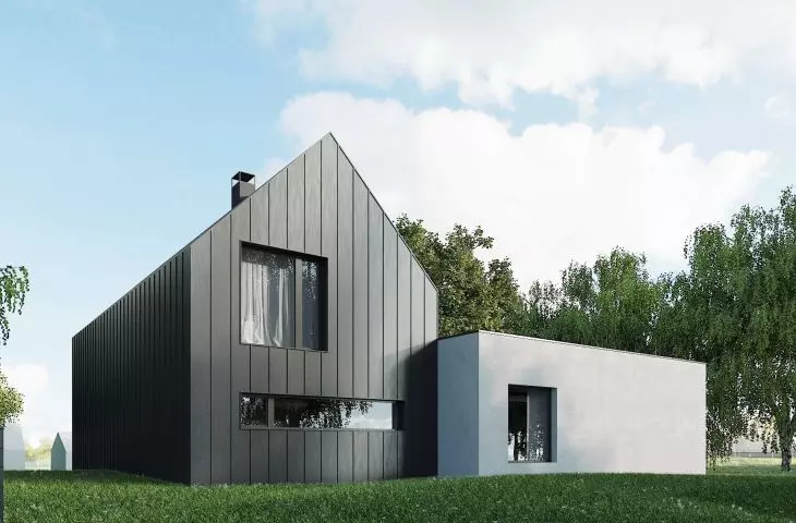 House LAW_21, facade materials are sheet metal and concrete