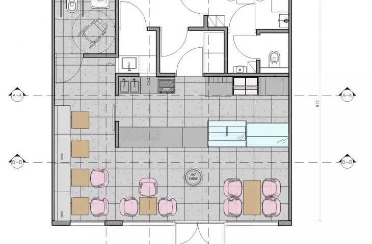 Wnętrze lodziarni Żak, plan funkcjonalny 