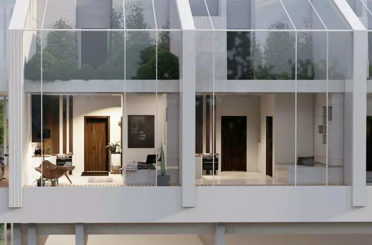 The main body of the bridge is formed by a strip of ten apartments open with a glass facade to the southwest side.