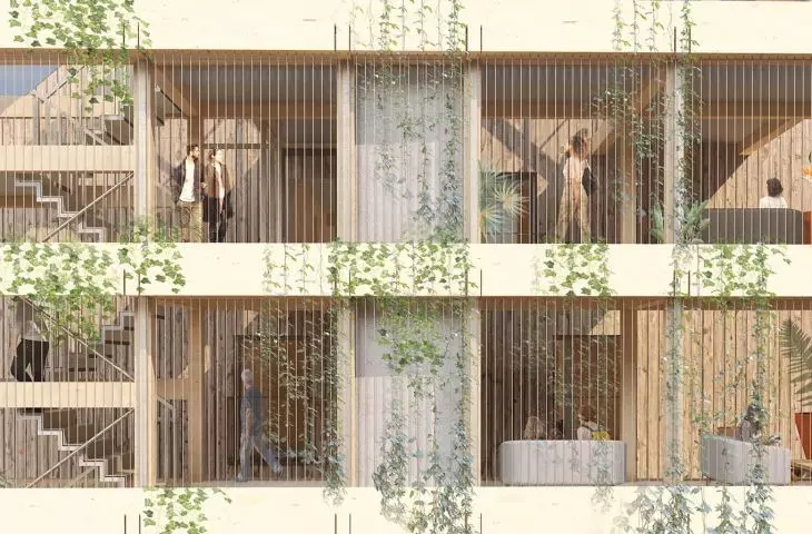wooden facade is a frame for vertical greenery