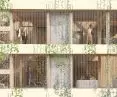 wooden facade is a frame for vertical greenery