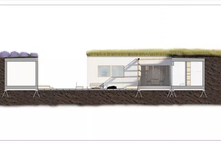 In keeping with the idea of blending into the landscape, the modules on the sides, along with retaining walls, were backfilled with earth, covered with green roofs.