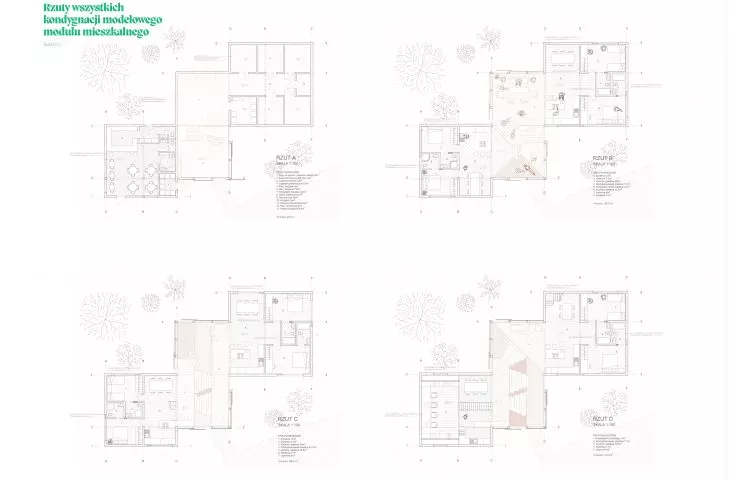 Co-living California project, floor plans of all floors of the residential model
