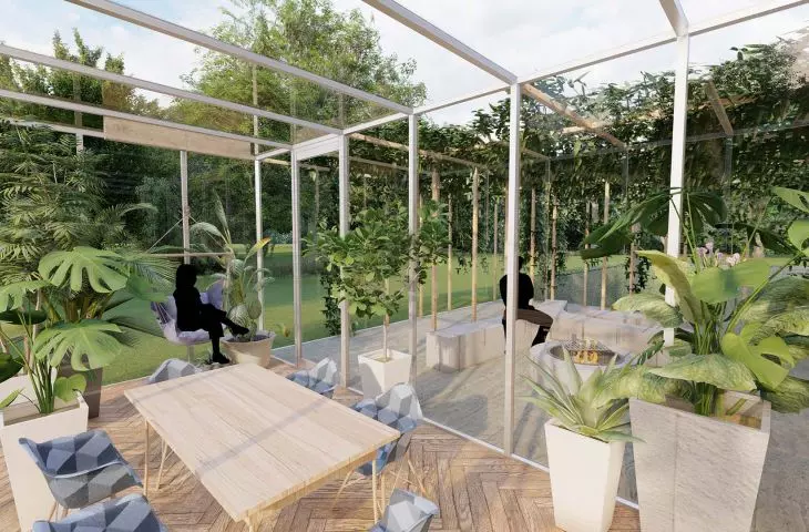 terrace with pergola and winter garden