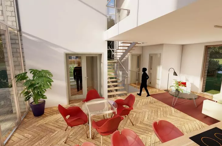 the interior of the building has been designed with a division into a living and a sleeping area