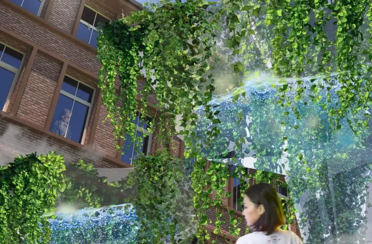 Greenery overgrows funnel-shaped objects