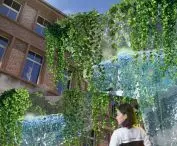 Greenery overgrows funnel-shaped objects
