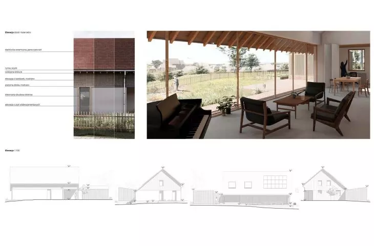 the exterior of the building uses materials reminiscent of the traditional buildings of Gluszyn