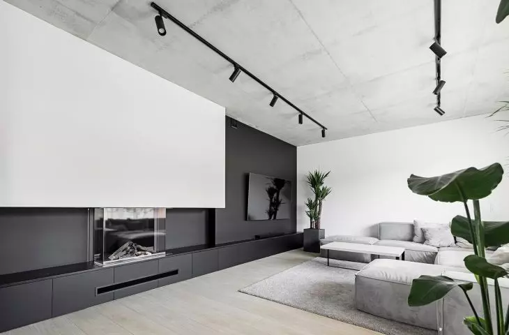 The living room has a large wall for a projector