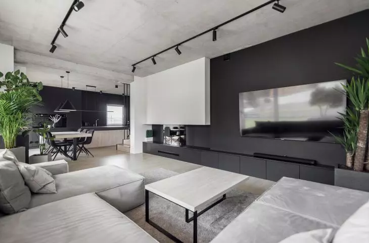 Living room kept in black and white