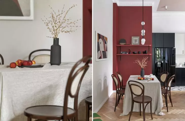 part of the dining room is highlighted by an intense red wall