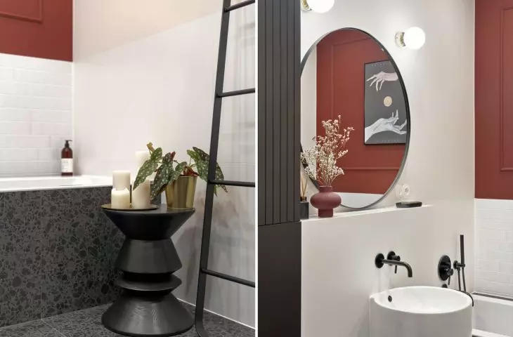 Intense red color and terrazzo pattern tiles in the bathroom