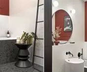 Intense red color and terrazzo pattern tiles in the bathroom