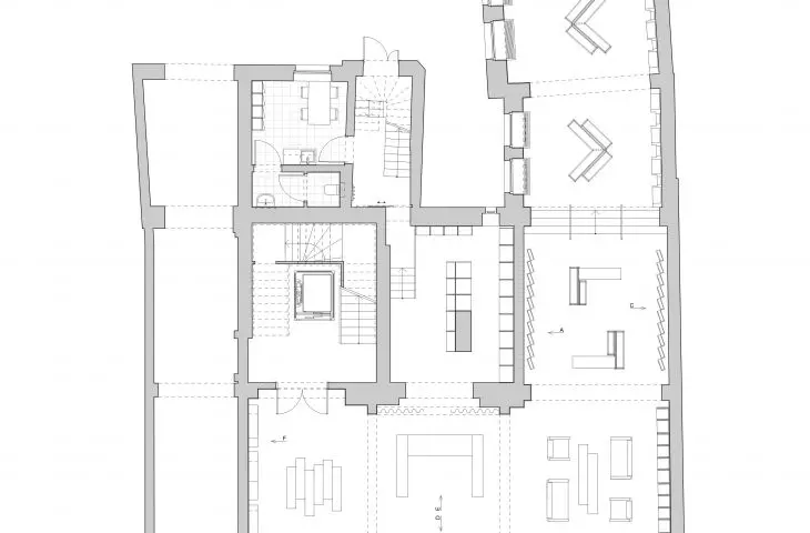 Interior design of bookstore and art reading room in Poznan, first floor plan