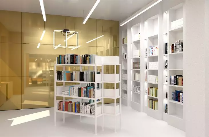 The combination of white and wood of natural color is broken by shiny gold elements