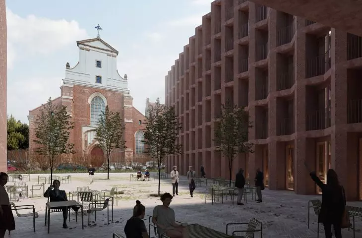 Visualization of the building on Bernardinska Street - view of the church from the square