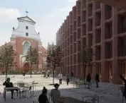 Wizualizacja budynku przy Bernardyńskiej — widok na kościół od strony placu