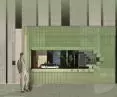 The facade of the showroom is made of glass bricks