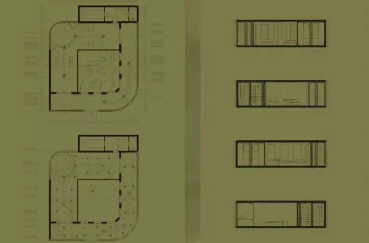 Projekt wnętrz showroomu marki kosmetycznej Moré, rzuty i przekroje