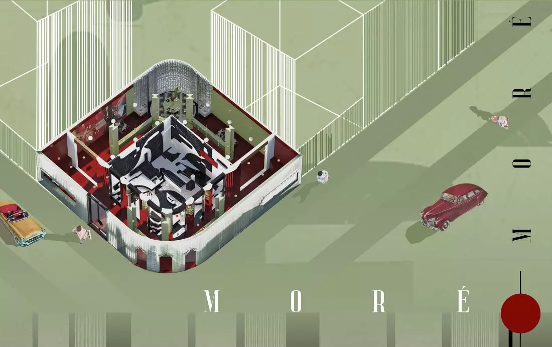 Projekt wnętrz
showroomu marki kosmetycznej Moré, aksonometria