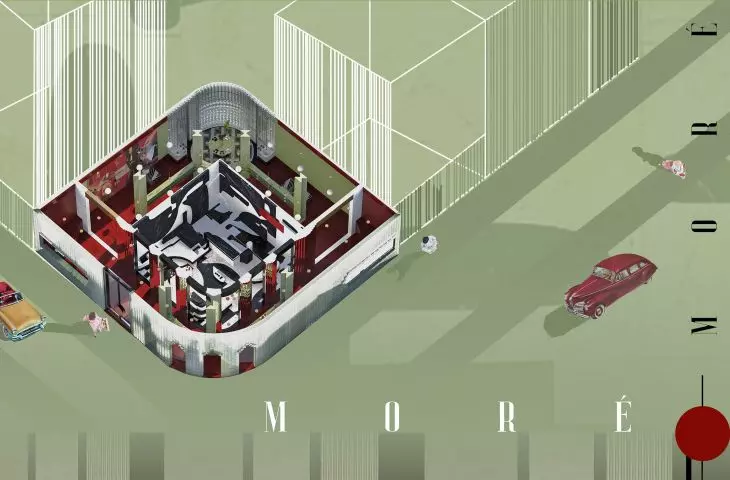 Projekt wnętrz showroomu marki kosmetycznej Moré, aksonometria
