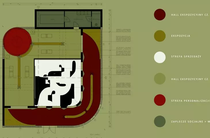 Projekt wnętrz showroomu marki kosmetycznej Moré, rzut