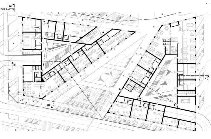 Design of residential and commercial building complex, first floor plan