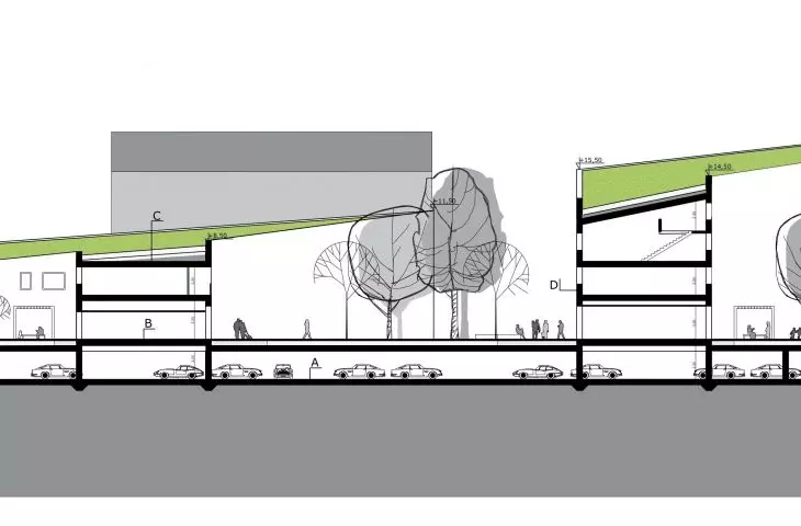 Design of a complex of residential and commercial buildings, cross-section A-A