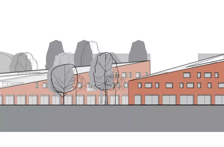 Design of residential and commercial building complex, west elevation