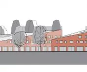 Design of residential and commercial building complex, west elevation