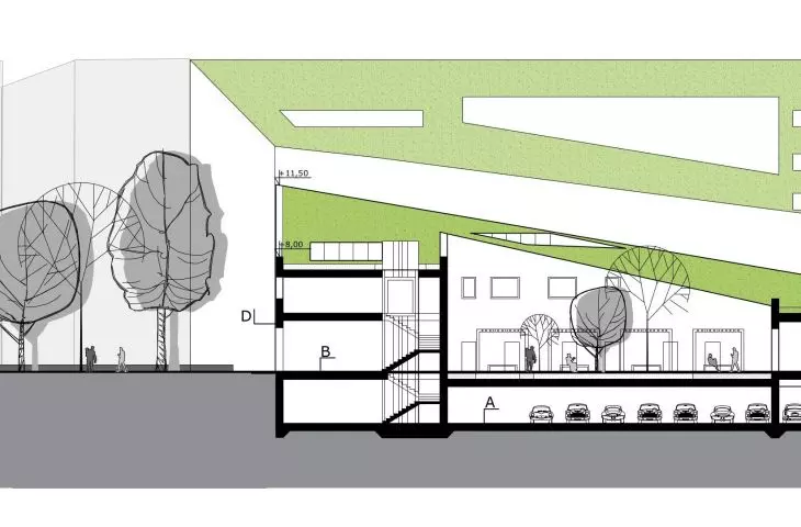 Design of residential and commercial building complex, cross-section B-B