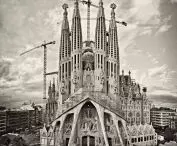 Facade of the Passion of Christ Temple of the Sagrada Família before completion of the portal finial  