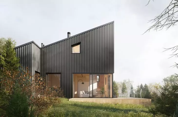 The dark façade is made of trapezoidal sheet metal