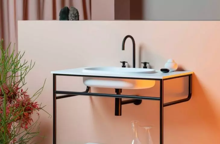 Rise - design by Zaven Console with Cristalplant Biobased countertop; integrated oval washbasin