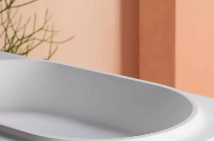 Rise - design by Zaven Console with Cristalplant Biobased countertop; integrated oval washbasin