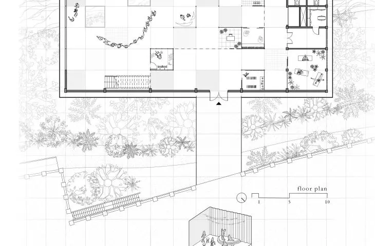 THE LIFE FRAMES project, first floor plan and axonometrics