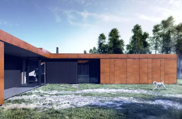 Corten house — wizualizacja od strony wejścia