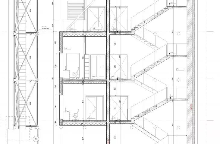 Projekt mediateki w Paryżu Belleville, przekrój